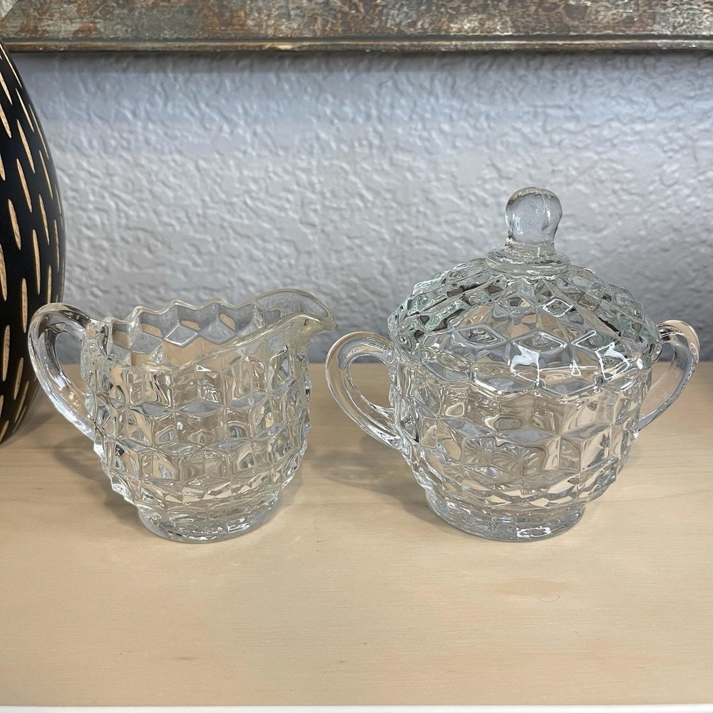 Vintage Fostoria American Cubist Pattern Clear Glass Creamer &‎ Sugar Set W/Lid